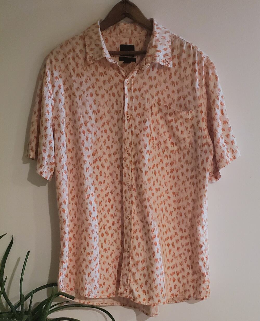 14th & Union Cream Orange Flame Button Down Linen Shirt Mens Size Large Dad